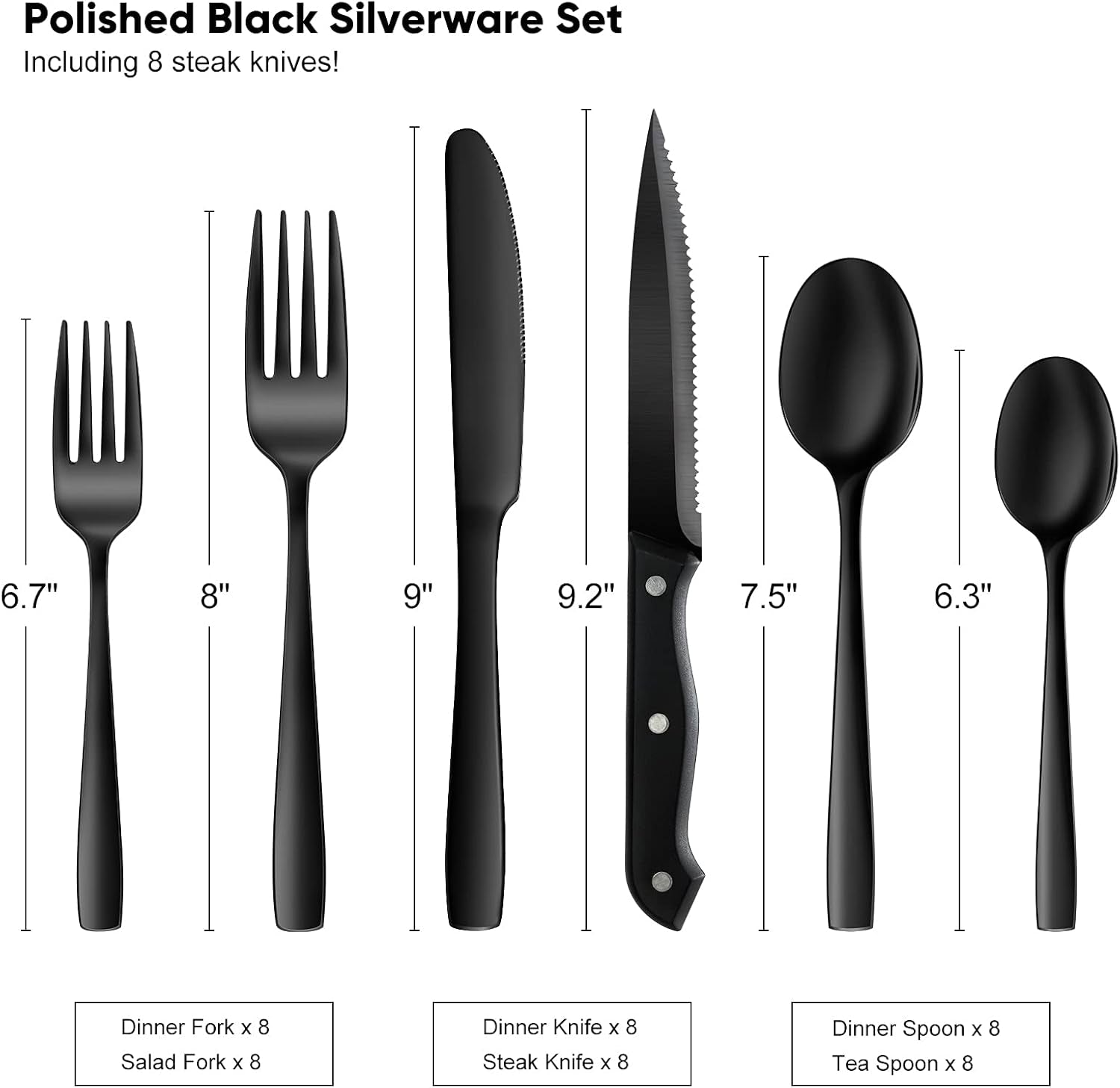 48 Pieces Black Silverware Set, Black Flatware Set with Steak Knives, Food-Grade Stainless Steel Cutlery Set for 8, Tableware Eating Utensils, Dishwasher Safe