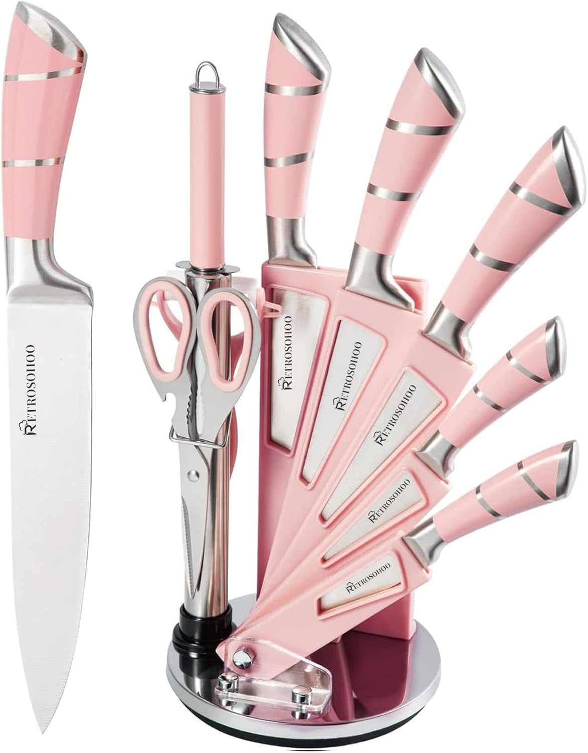 Kitchen Knife Set,  9-Pieces Pink Sharp Non-Stick Coated Chef Knives Block Set,Stainless Steel Knife Set for Kitchen with Sharpener for Cutting Slicing Dicing Chopping (Pink)