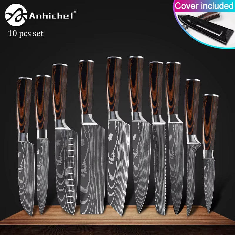 Professional Kitchen Knives Stainless Steel 7CR17 440C Laser Damascus Japanese Santoku Cleaver Slicing Utility Chef Knife Set