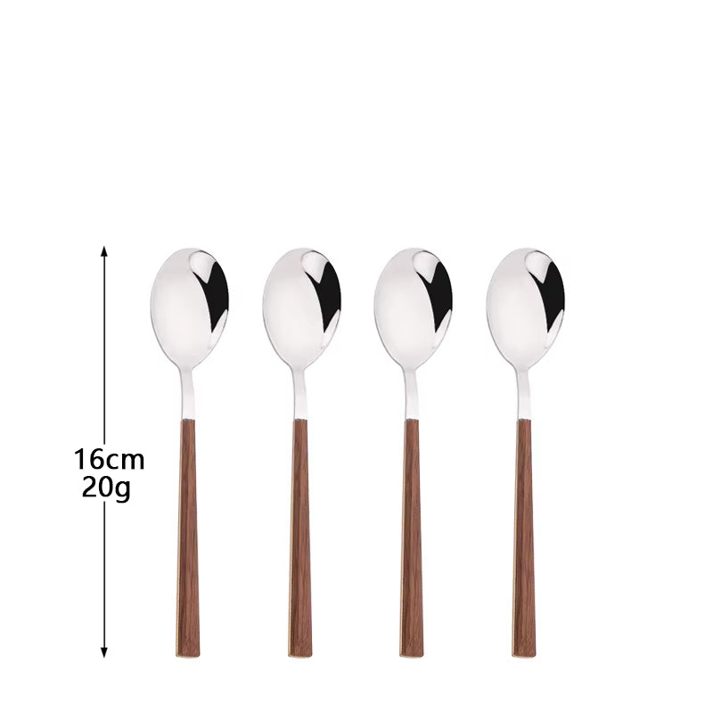 4/12/16Pcs Silver Cutlery Set Chopsticks Knife Fork Spoon Imitation Wooden Handle Korean Dinnerware Set Luxury Tableware Set