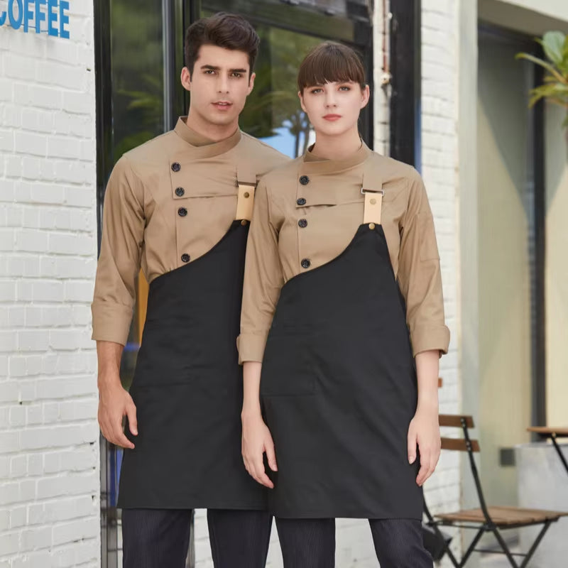 Men'S Kitchen Jacket Restaurant Unisex Chef Uniform Women Work Wear Cook Costume Long Shirt Cook'S Clothes Kitchen Uniform Apron