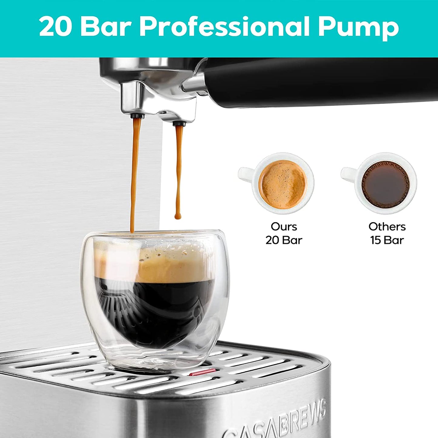 Espresso Machine 20 Bar, Professional Espresso Maker Cappuccino Machine with Steam Milk Frother, Stainless Steel Espresso Coffee Machine with 49Oz Removable Water Tank, Silver