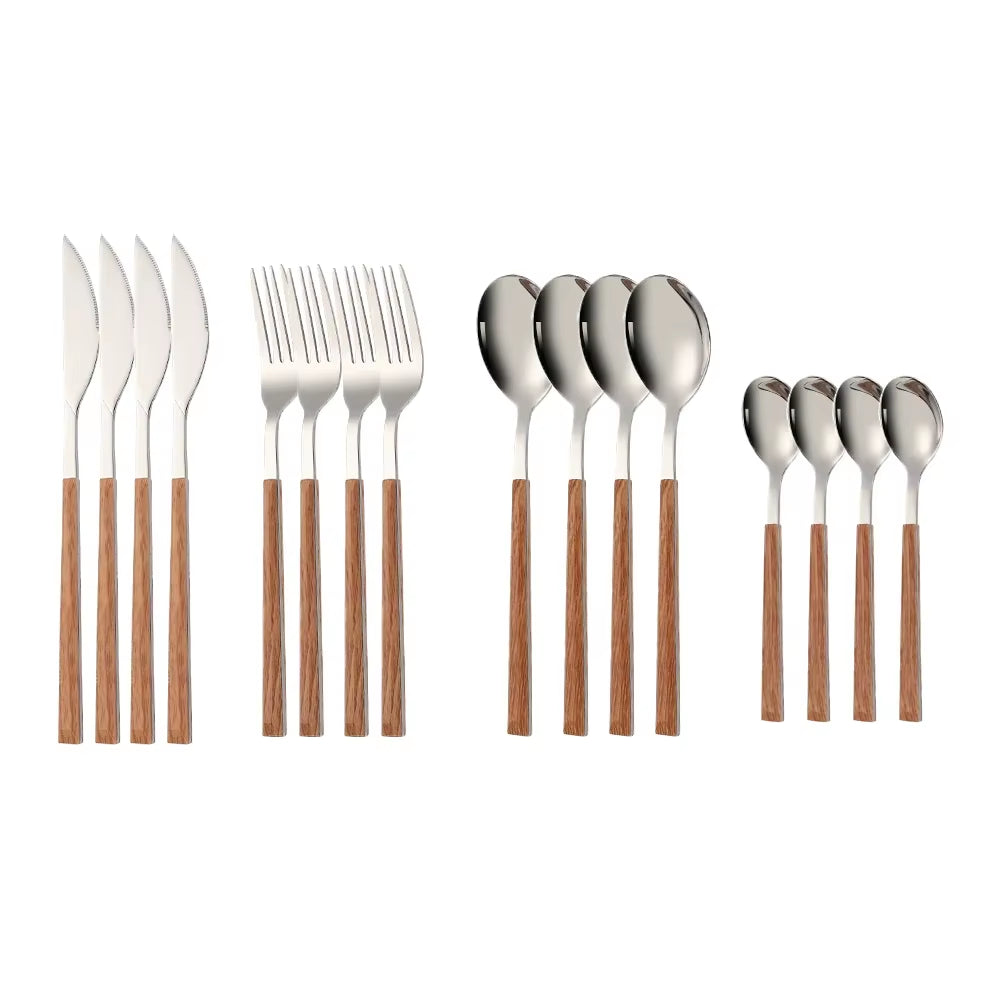 16Pcs Stainless Steel Imitation Wooden Handle Cutlery Set Dinnerware Clamp Western Tableware Knife Fork Tea Spoon Silverware