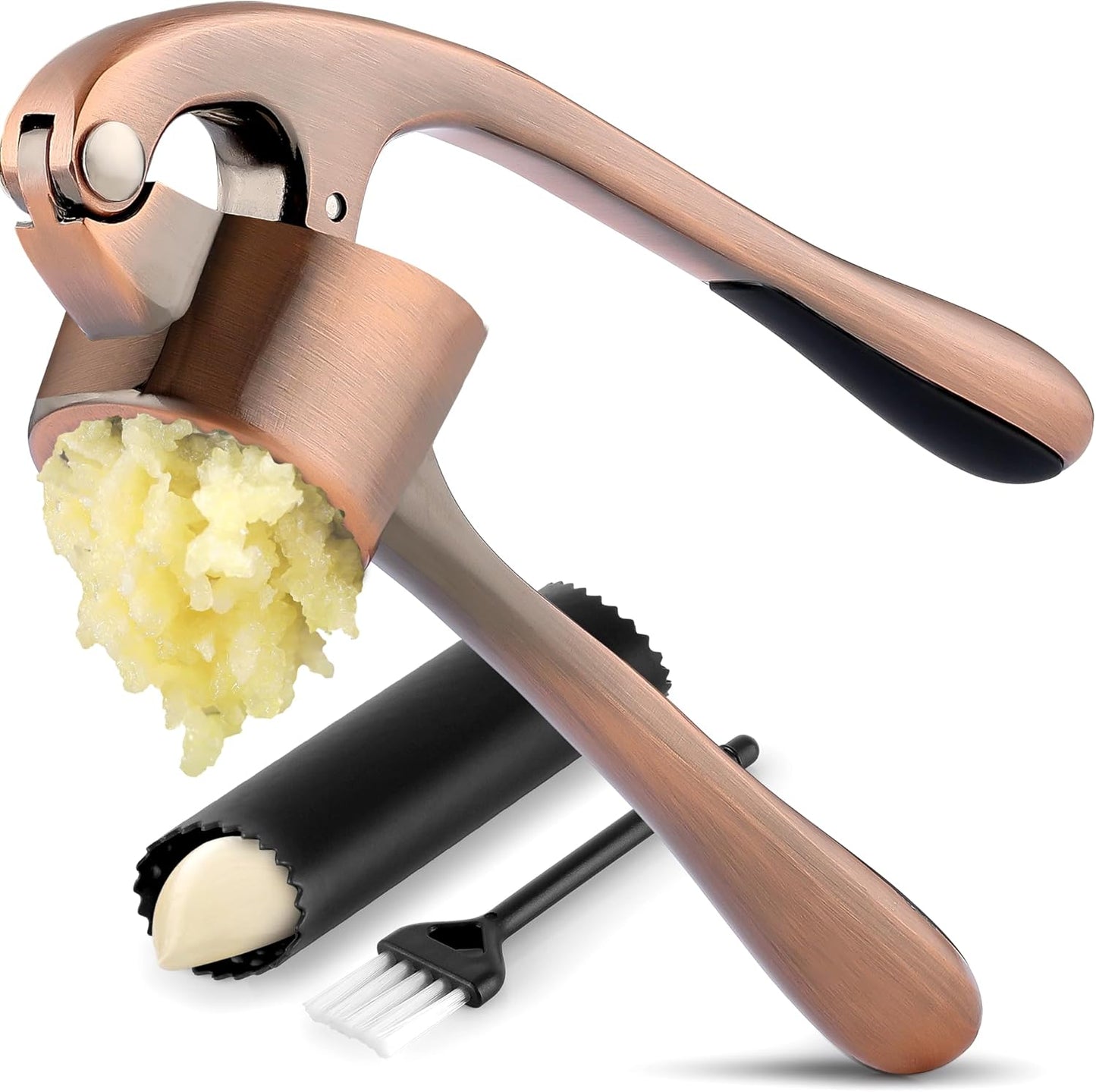 Premium Garlic Press Set - Rust Proof & Dishwasher Safe Professional Garlic Mincer Tool - Easy-Squeeze, Easy-Clean with Soft, Ergonomic Handle - Silicone Garlic Peeler & Brush (Silver)