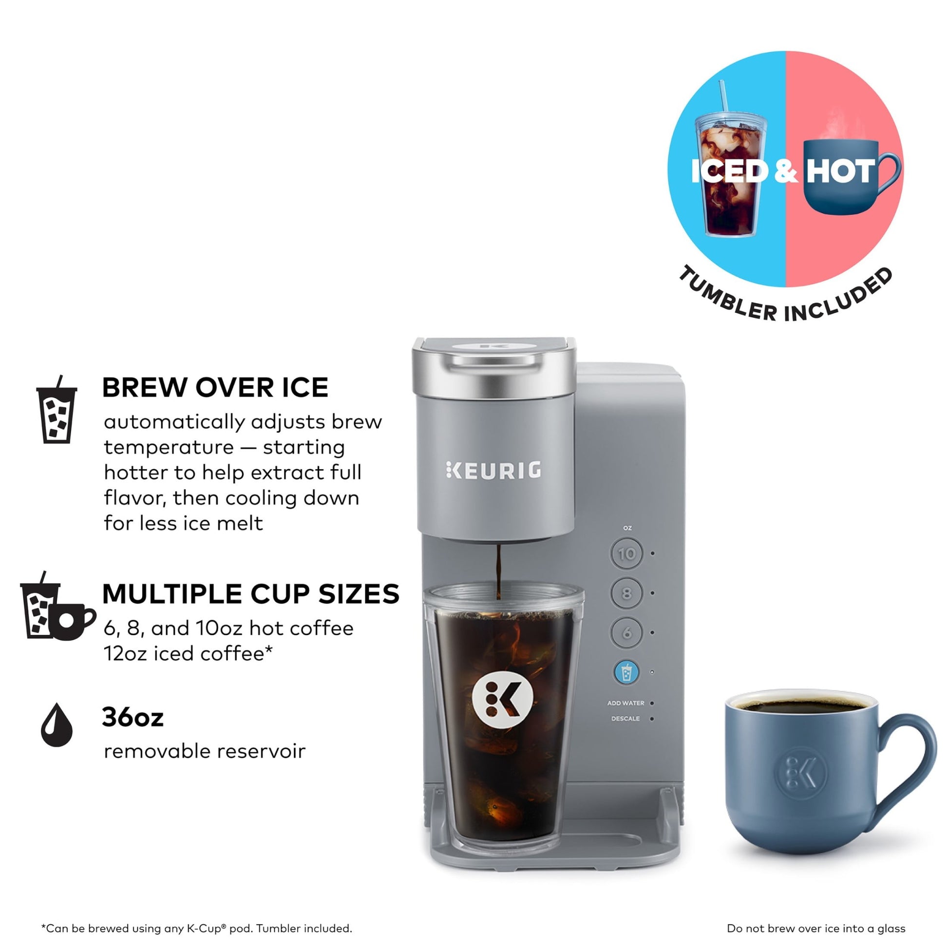 K-Iced Essentials, Gray Iced and Hot Single-Serve K-Cup Pod Coffee Maker, Reusable Tumbler Included