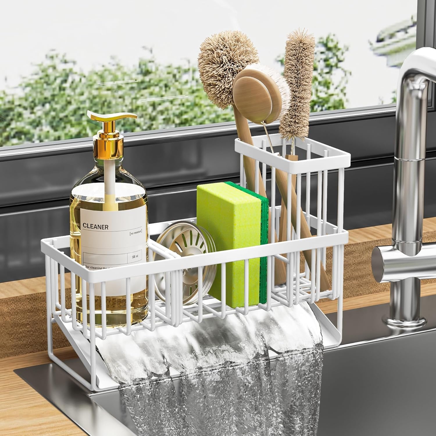 Kitchen Sink Caddy, Sponge Holder for Kitchen Sink, Kitchen Sink Organzier and Storage with High Brush Holder, Rustproof 304 Stainless Kitchen Gadgets Sink Accessories, Organizadores De Cocina