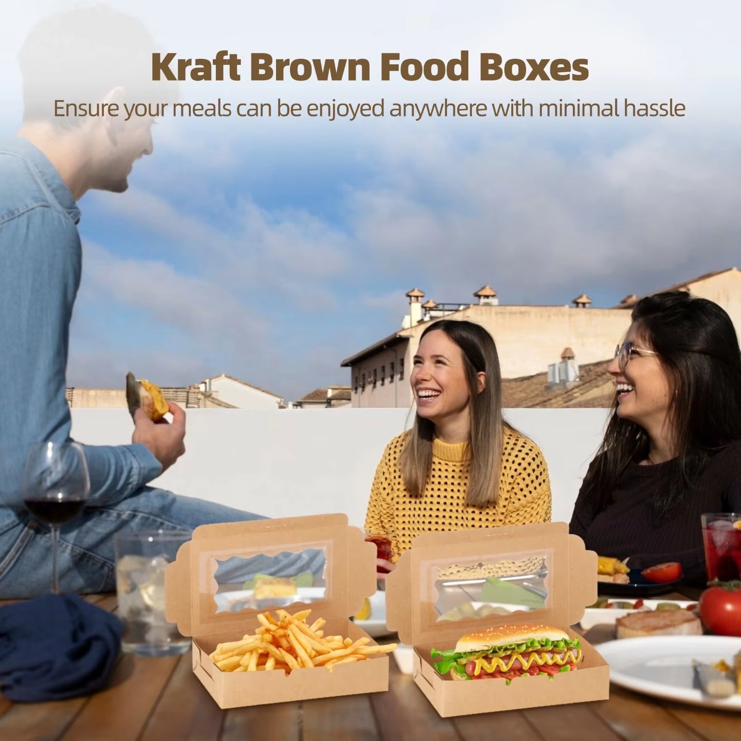 50Pcs Kraft Food Boxes Take Out Food Containers Disposable Brown Paper Lunch Boxes with Clear Windows Catering to Go Pastry Box