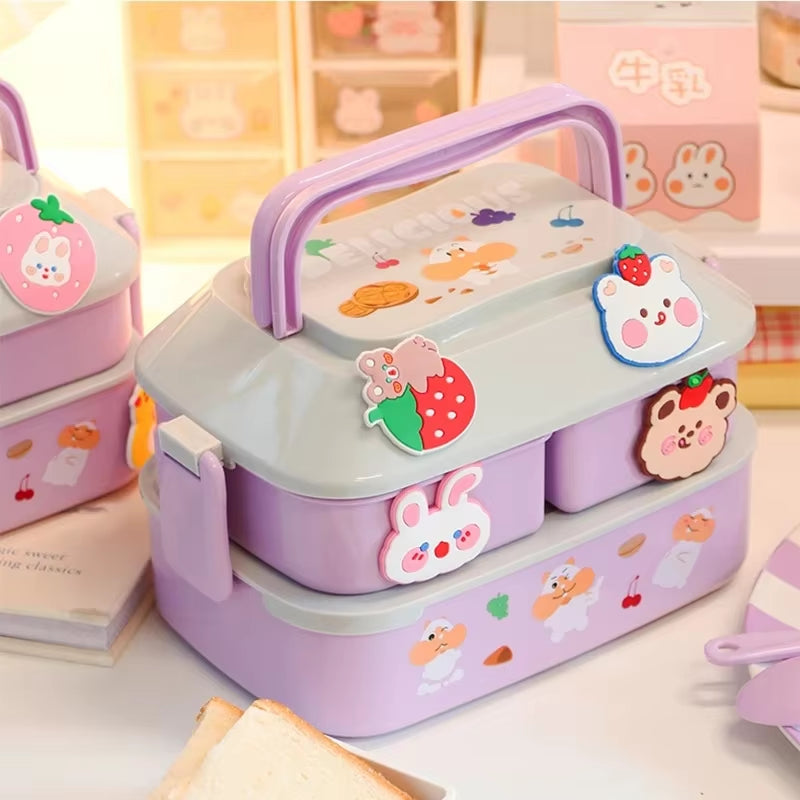 Kawaii Portable Lunch Box for Girls School Kids Plastic Picnic Bento Box Microwave Food Box with Compartments Storage Containers