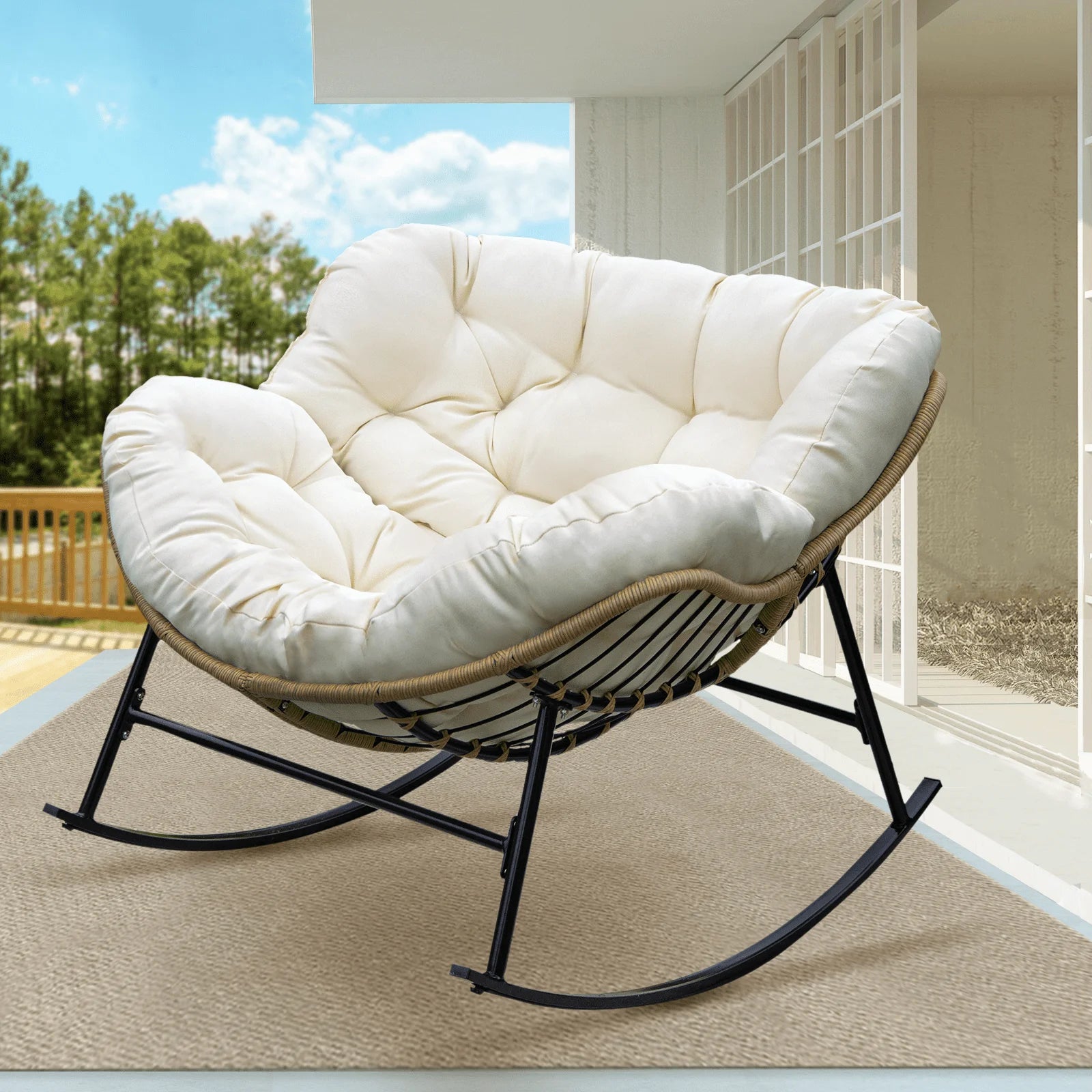 Modern Beige-1 Chair Outdoor Patio Papasan Rocking Chair with Adjustable Height