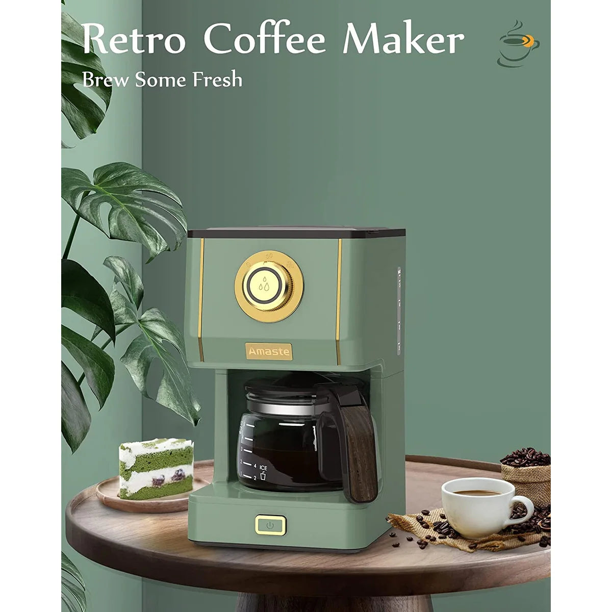 Drip Coffee Maker, Coffee Machine with 25 Oz Glass Coffee Pot, Retro Style Coffee Maker with Reusable Coffee Filter &Amp