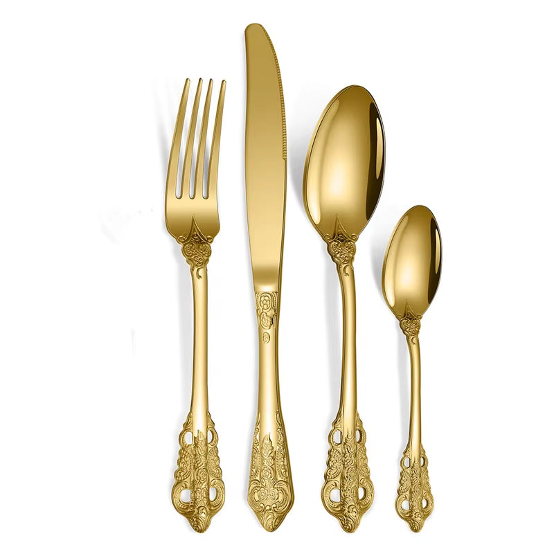 Luxery Gold Cutlery Set Vintage Dinnerware Set 18/10 Stainless Steel Silver Flatware Knife Fork and Spoon Drop Shipping