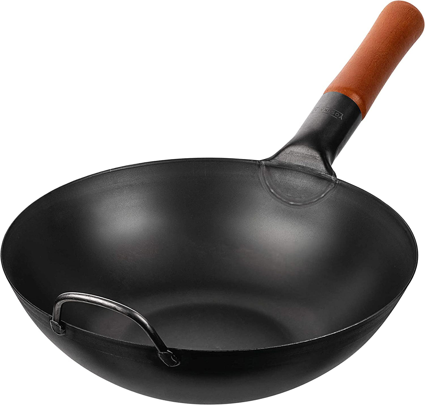 Carbon Steel Wok Pan – 13,5 “ Stir Fry Pans - Chinese Wok with Flat Bottom Pow Wok - Traditional Japanese Woks - Black Carbon Steel