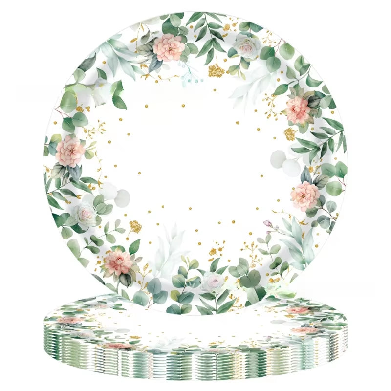 Sage Paper Plate, Eucalyptus Leaf Plate, Flower Disposable Paper Cup, Tissue Tablecloth, Wedding, Birthday Party Tableware