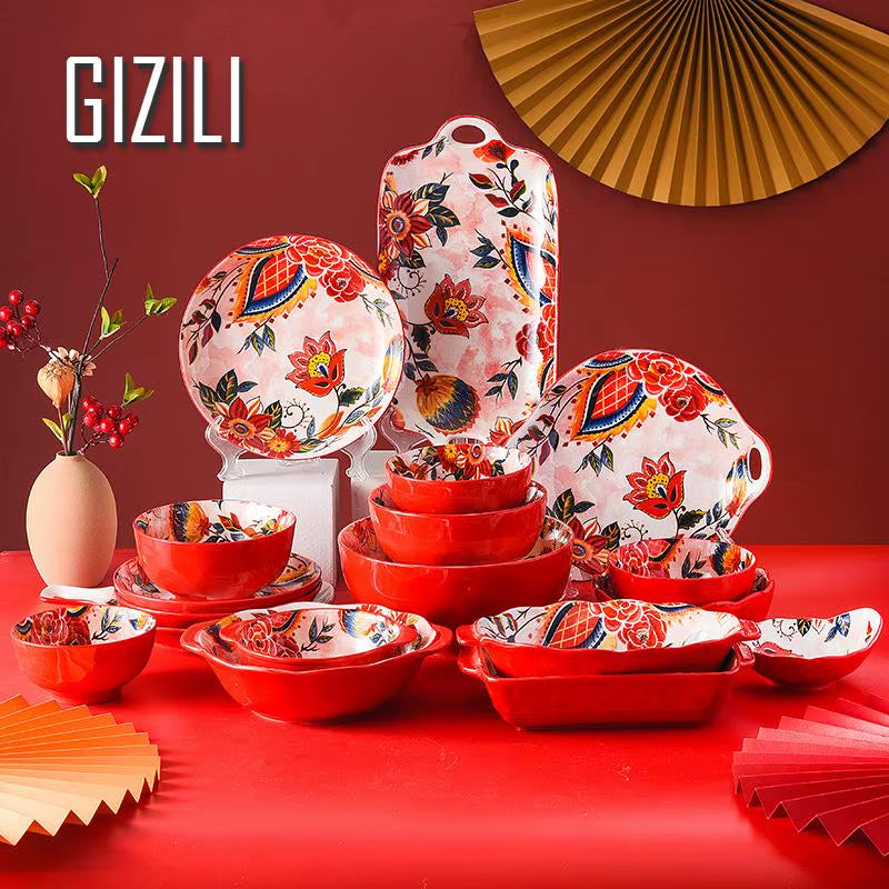 Ceramic Colorful Flower Dinner Plate Set Under-Glazed Retro Dinner Dishes Dinnerware Household Bowl Bakeware Flower Tableware