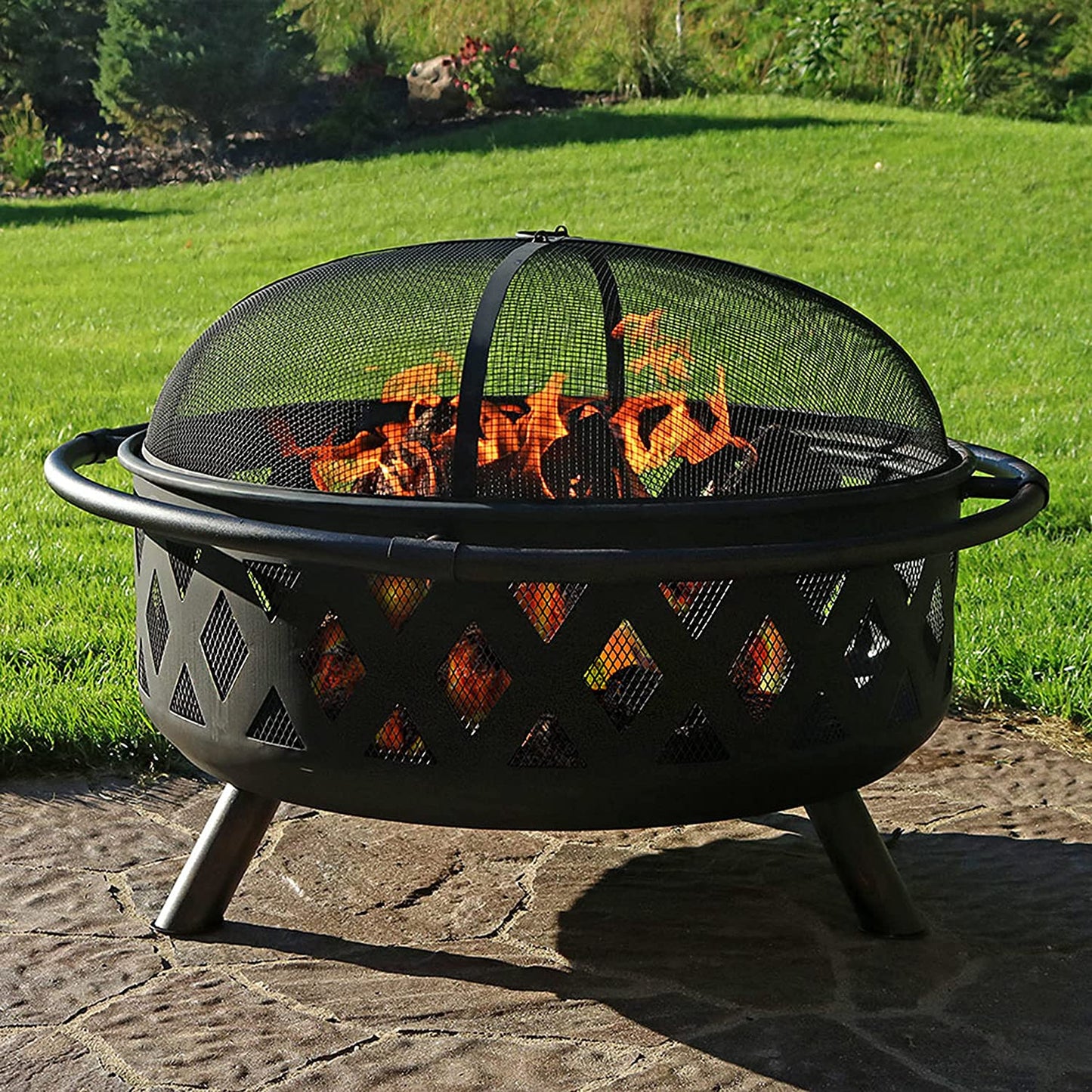 Black Crossweave Steel Wood-Burning Outdoor Fire Pit - Includes Spark Screen, Poker and Cover - 36-Inch Round