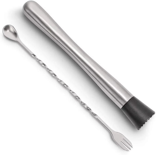 Stainless Steel Cocktail Muddler and Mixing Spoon Home Bar Tool Set - Create Delicious Mojitos and Other Fruit Based Drinks