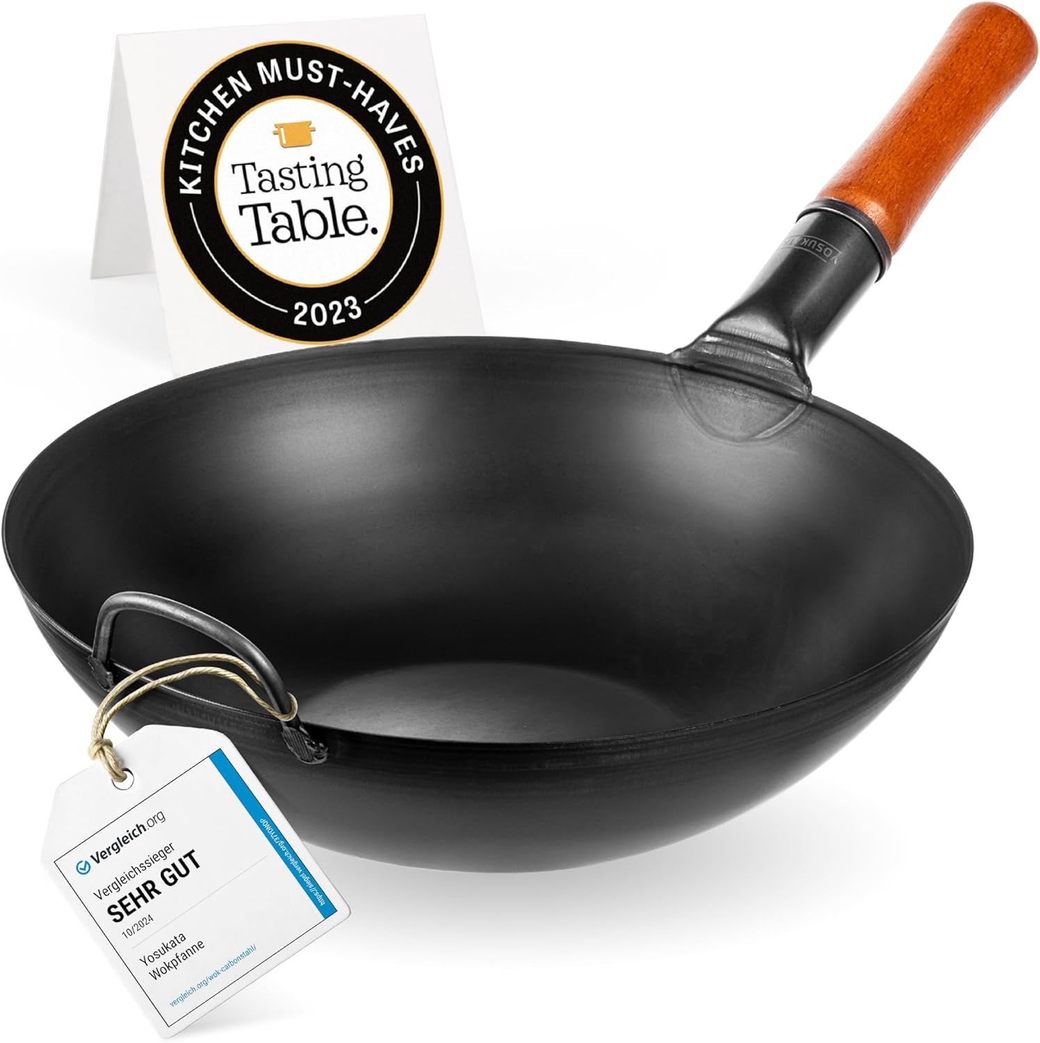 Carbon Steel Wok Pan – 13,5 “ Stir Fry Pans - Chinese Wok with Flat Bottom Pow Wok - Traditional Japanese Woks - Black Carbon Steel