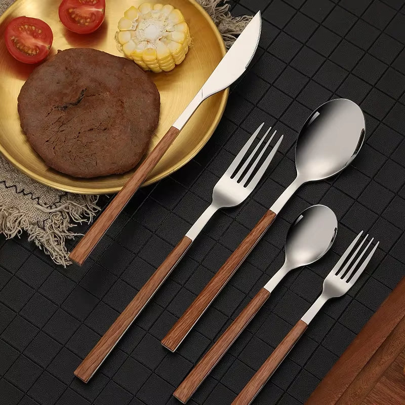 16Pcs Stainless Steel Imitation Wooden Handle Cutlery Set Dinnerware Clamp Western Tableware Knife Fork Tea Spoon Silverware