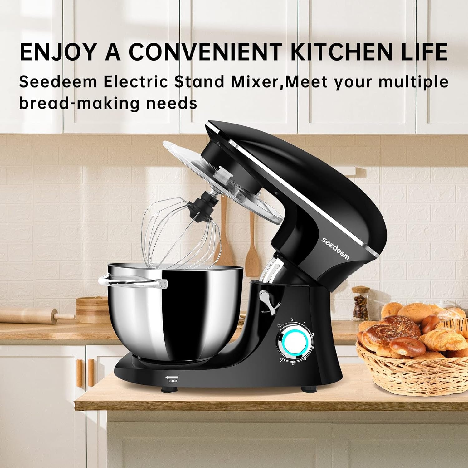 Stand Mixer, 6Qt Electric Food Mixer, 660W 6-Speeds Tilt-Head Dough Mixers with Dishwasher-Safe Dough Hook, Wire Whip & Beater for Daily Use, Black