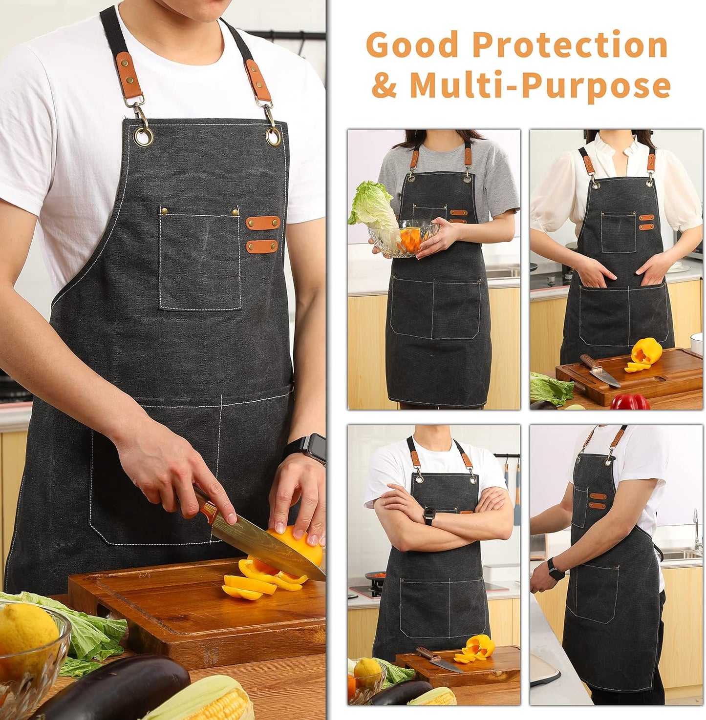 Canvas Cross Back Chef Cotton Aprons for Men Women with Large Pockets