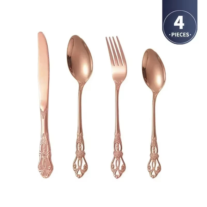 Golden Stainless Steel Cutlery Set Royal European Spoon Fork Complete Tableware Retro Design Dishwasher Safe Elegant Flatware