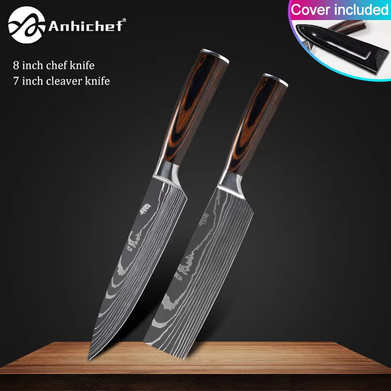 Professional Kitchen Knives Stainless Steel 7CR17 440C Laser Damascus Japanese Santoku Cleaver Slicing Utility Chef Knife Set