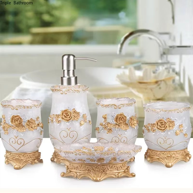 European Style Luxury Bathroom Accessories Set, Romantic Flowers, Antique Resin Wash Suit, Bathroom Supplies, Mouthwash Cup