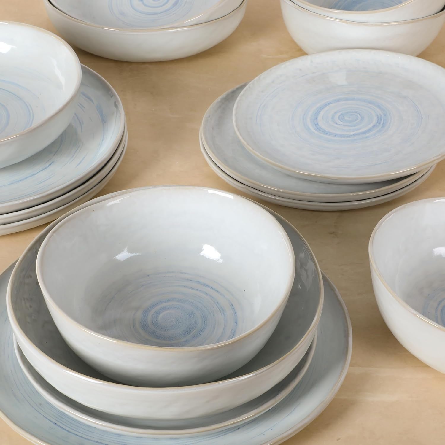 Auckland Blue Swirl Stoneware Reactive Glaze 16 Piece (Service for 4) Plates and Bowls Dinnerware Set