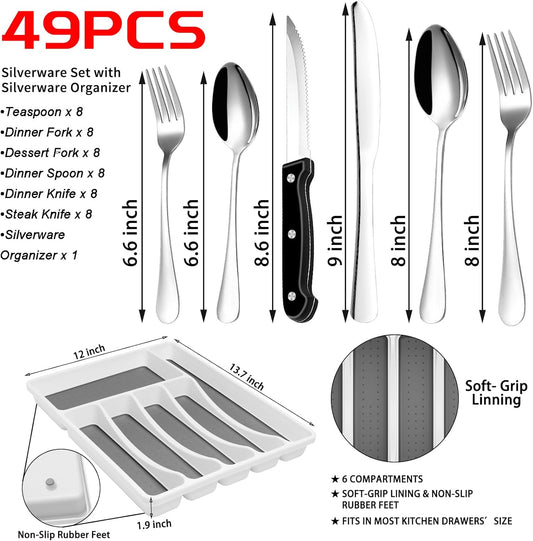 49-Piece Stainless Steel Silverware Set with Cutlery Organizer, Service for 8 with Steak Knives and Kitchen Utensils