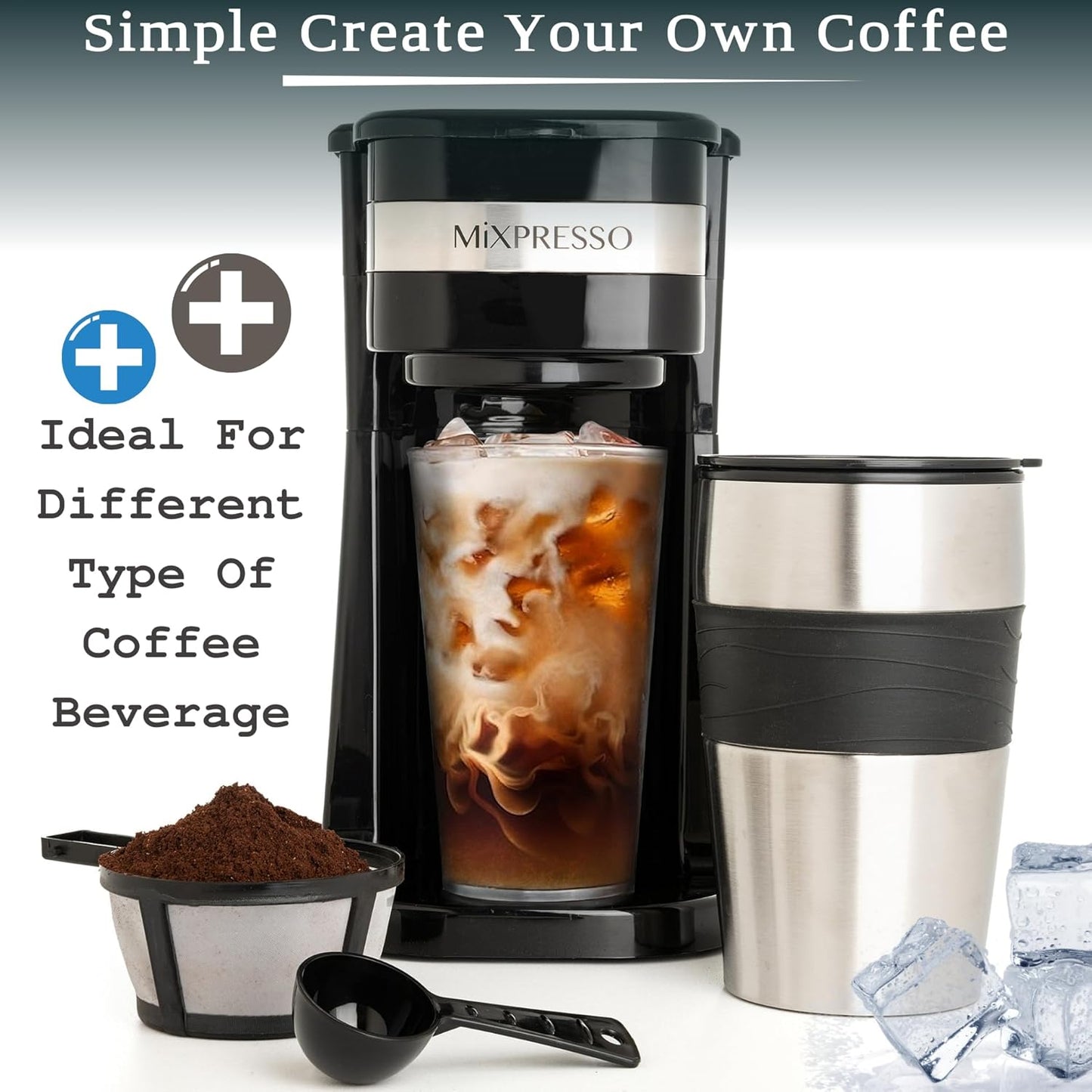 Personal Single Serve Coffee Maker & 14Oz Travel Mug, Drip Small Coffee Maker & Tumbler, Auto Shut off & Reusable Filter, Compatible with Coffee Grounds