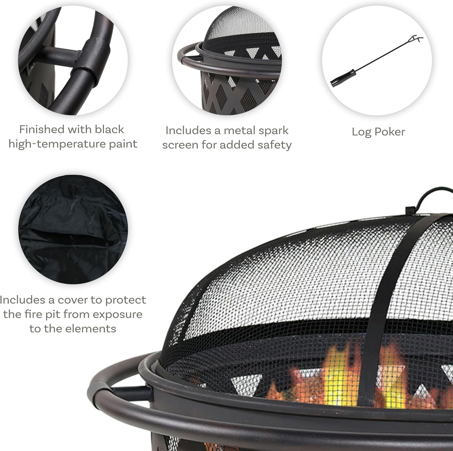 Black Crossweave Steel Wood-Burning Outdoor Fire Pit - Includes Spark Screen, Poker and Cover - 36-Inch Round