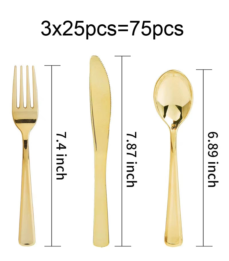 75 Pieces Gold Plastic Silverware- Party Flatware Set-Heavyweight Plastic Cutlery- Includes 25 Forks, 25 Spoons, 25 Knives