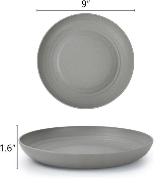 Deep Dinner Plates Set of 8 Alternative for Plastic Plates Microwave and Dishwasher Safe Wheat Straw Plates for Kitchen Unbreakable and Lightweight round Plates (Grey,9 Inch)