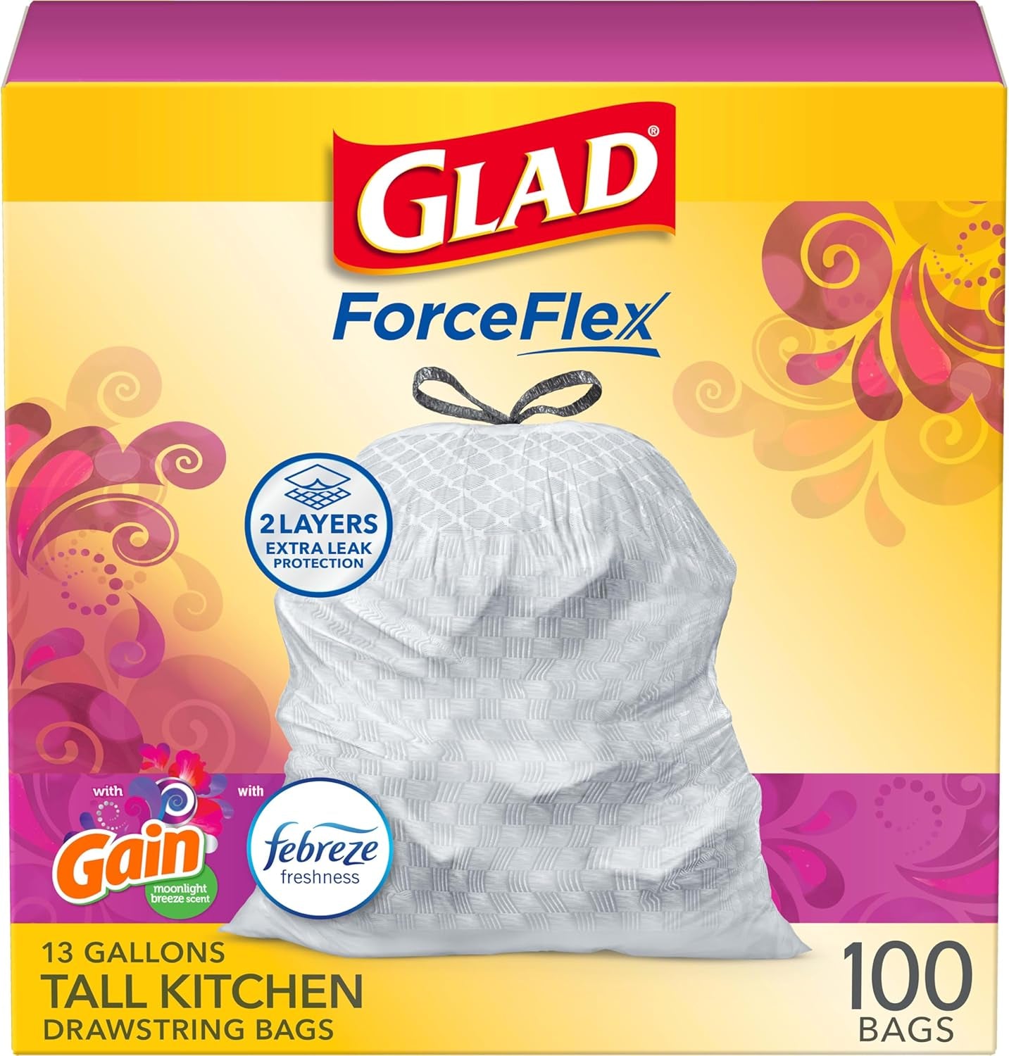 Forceflex Tall Kitchen Trash Bags, 13 Gal, Gain Moonlight Breeze, 100 Ct (Package May Vary)