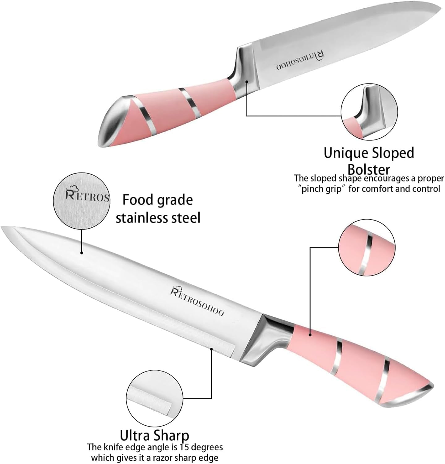 Kitchen Knife Set,  9-Pieces Pink Sharp Non-Stick Coated Chef Knives Block Set,Stainless Steel Knife Set for Kitchen with Sharpener for Cutting Slicing Dicing Chopping (Pink)