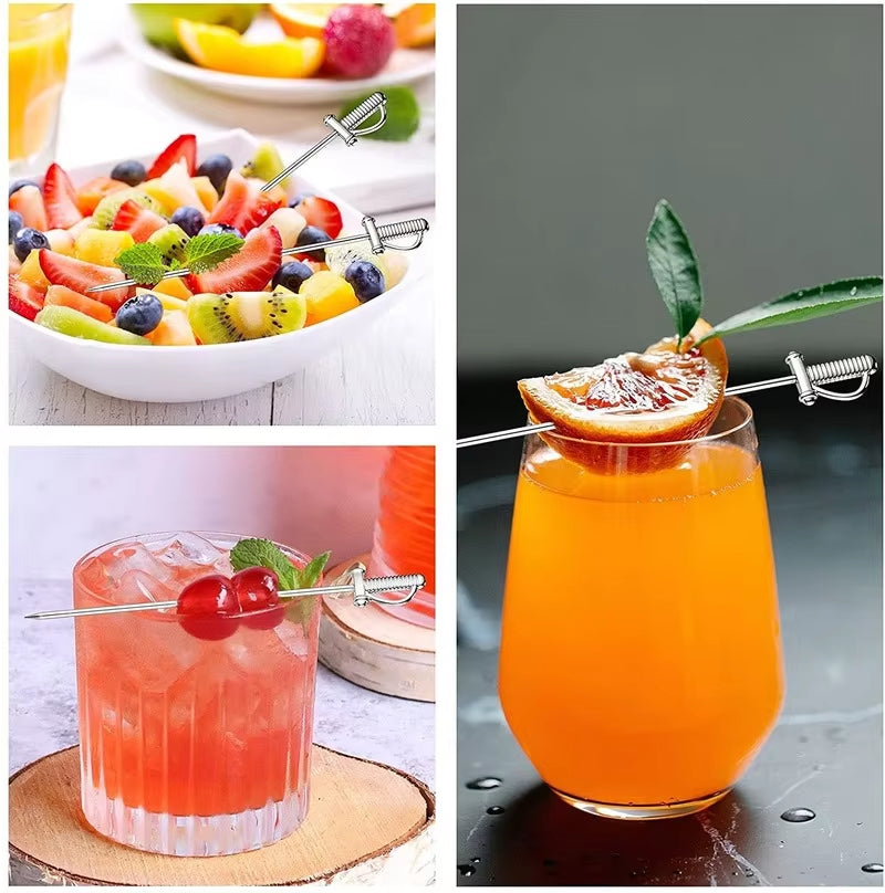 Sword Shape Fruit Sticks Cocktail Pick Stainless Steel Bar Tools Drink Stirring Sticks Martini Picks Party Wedding Accessory