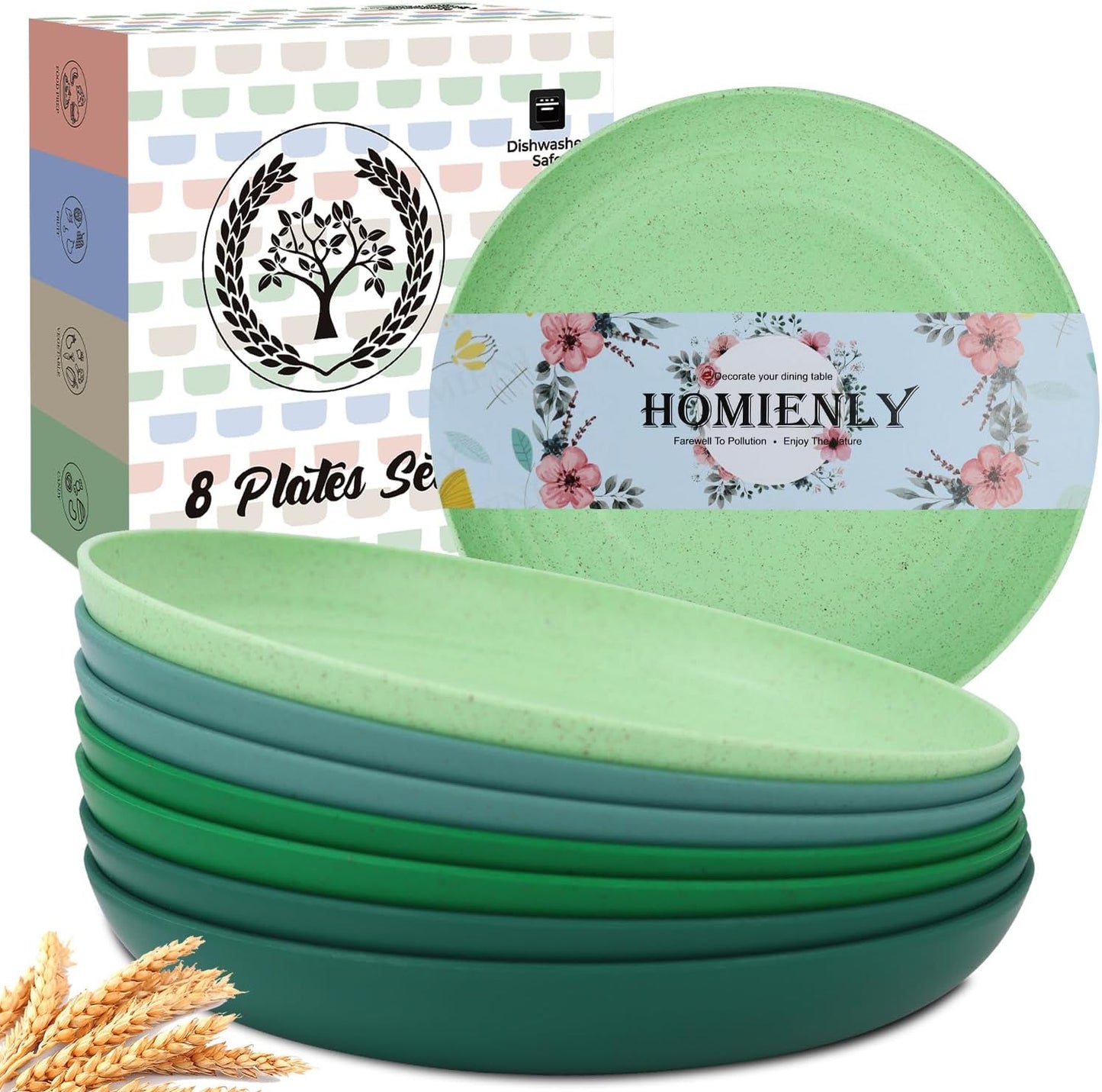 Dessert Plates Salad Plates Set of 8-10 Inch Wheat Straw Plates Unbreakable Plates for Kitchen Reusable Plastic Plates (Green Series)