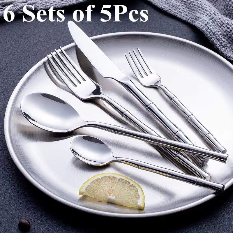 18/10 Cutlery Set Stainless Steel Steak Knife Fork Bamboo Design Golden Dinnerware Set Silver Flatware Set for 6