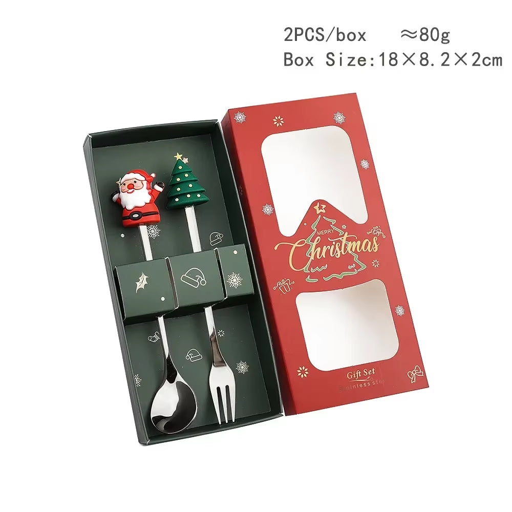 2Pcs Christmas Gift Silver Glod Spoon Fork Set Elk Christmas Tree Decoration Dessert Scoop Fruit Fork Coffee Spoon Cutlery Set