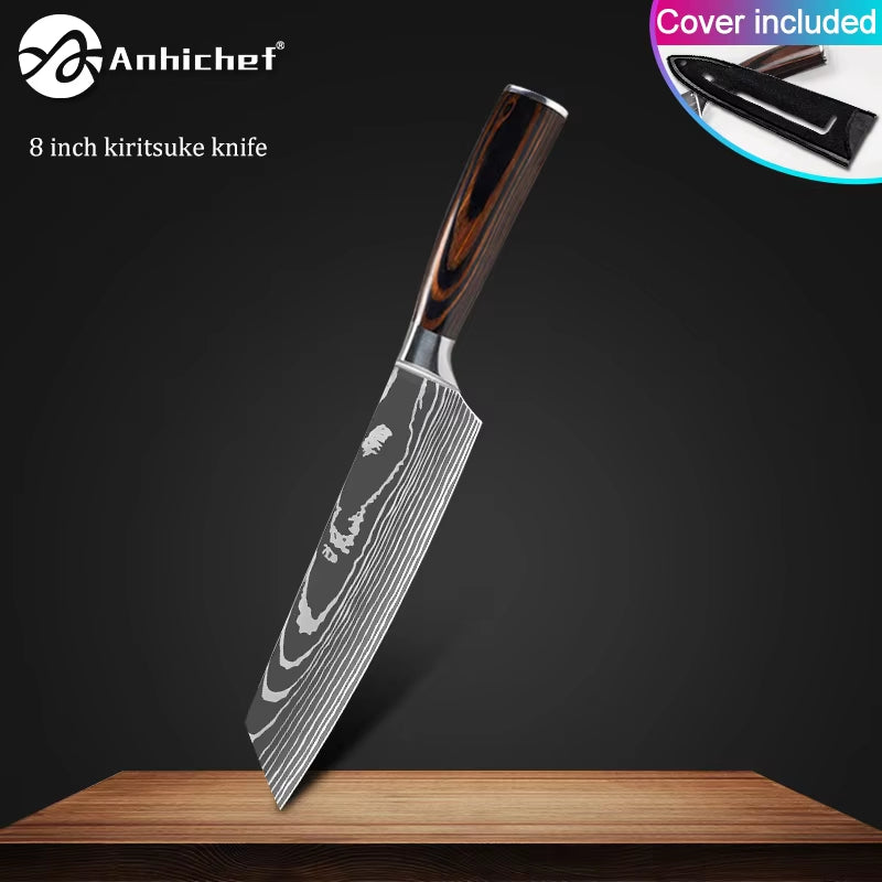 Professional Kitchen Knives Stainless Steel 7CR17 440C Laser Damascus Japanese Santoku Cleaver Slicing Utility Chef Knife Set