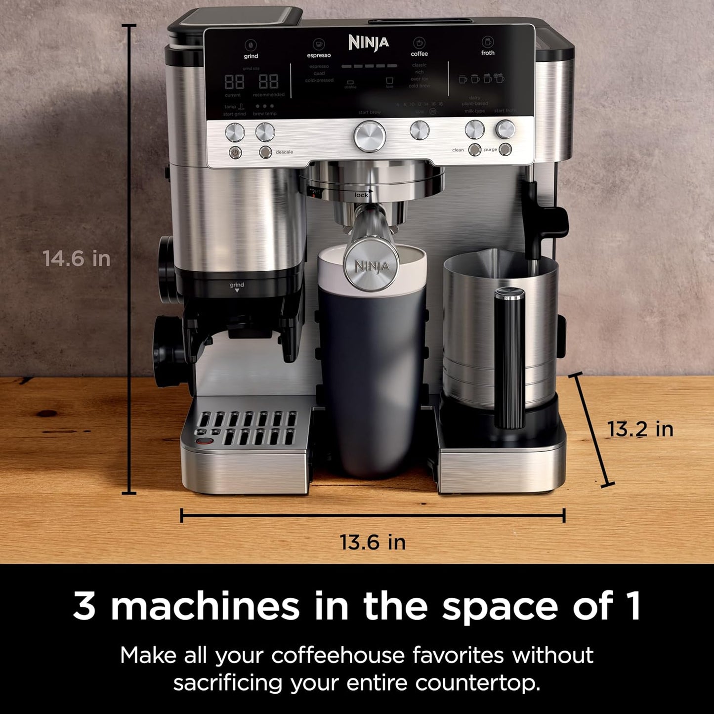 Espresso Machine, Luxe Café Premier Series, Drip Coffee Maker and Rapid Cold Brew, Integrated Grinder, Assisted Tamper, Hands-Free Frother, for Cappuccinos and Lattes, Dairy or Non-Dairy, ES601