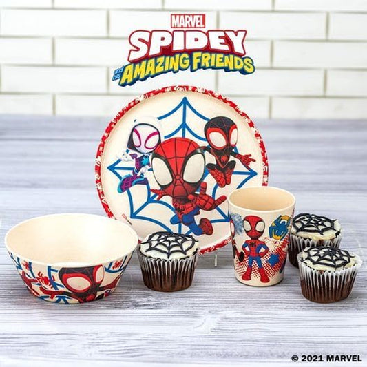 Marvel Spider-Man Dinnerware Set for Kids Includes 8" Plate, 6" Bowl, and 10Oz Tumbler, Durable and Sustainable Melamine Bamboo Material (3-Piece Set, Spidey and His Amazing Friends)