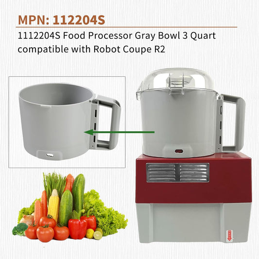 112204S Food Processor Gray Bowl 3 Quart Compatible with Robot Coupe R2 3L Gb,R2 DICE, R2 Dice, R2B, R2N