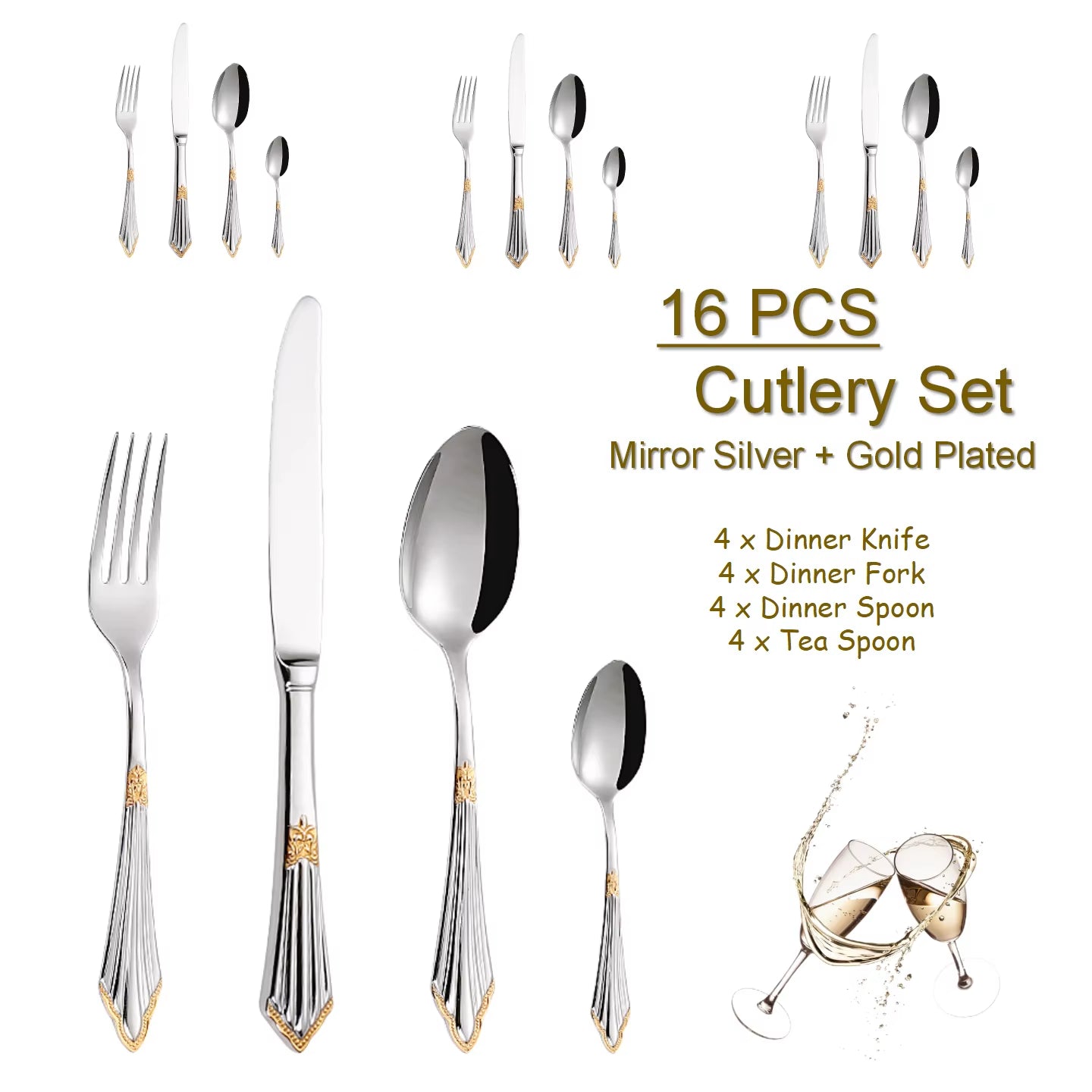 4/8/12/16/20/24/28 PCS Luxury Gold Plated Flatware Set Dishwasher Safe Cutlery Antique Silverware with Hollow Handle Table Knife