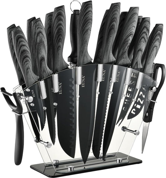 Knife Block Set, 19 PCS Kitchen Knife Set with Acrylic Block and Sharpener, German High-Carbon Stainless Steel Knife Sets with 6 Serrated Steak Knives, Bread Knife, Chef Knife, Dishwasher Safe