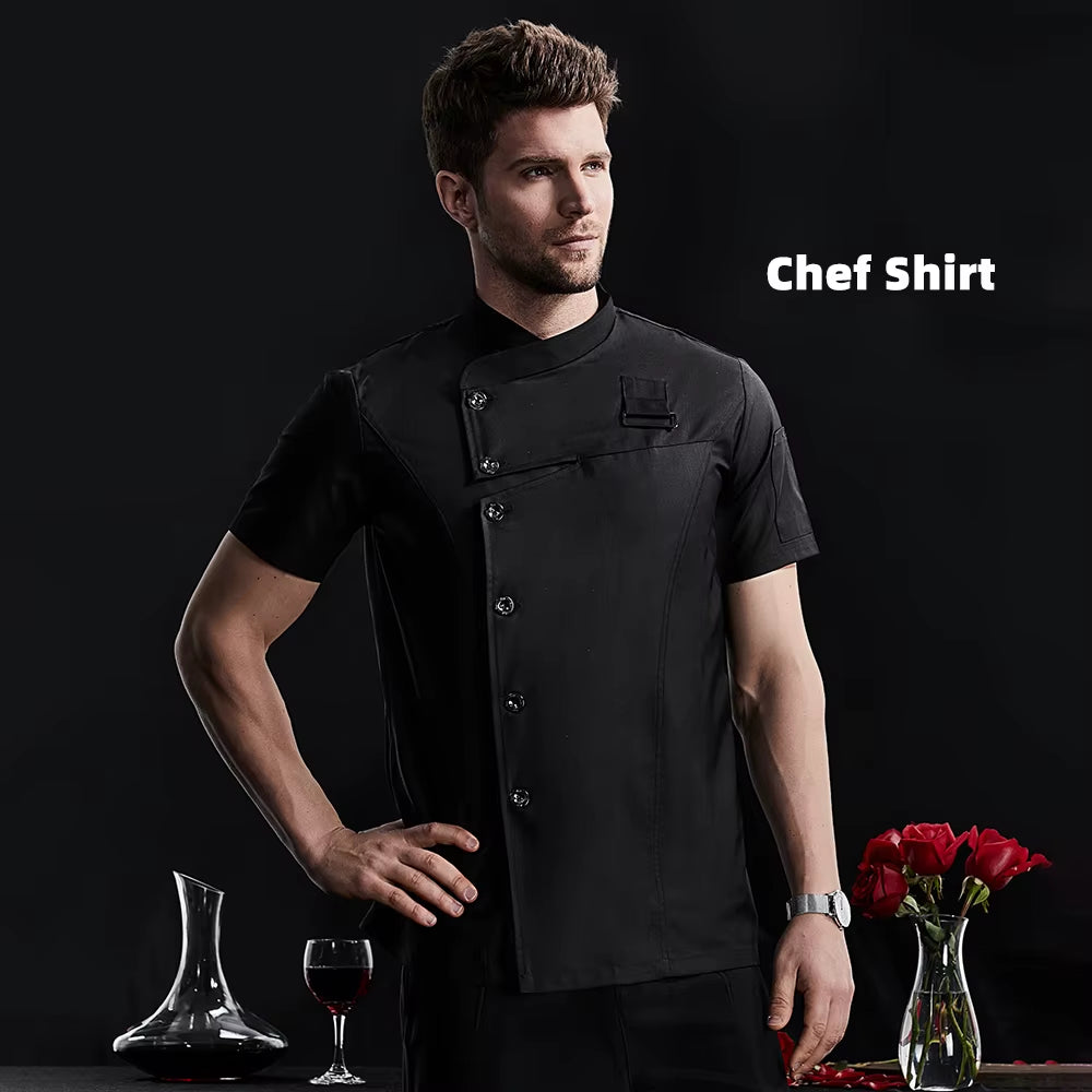 Khaki Chef Uniform Catering Workwear Head Chef Shirts Cooking Coat Chef Jacket Summer Restaurant Barber Shop Waiter Shirt Apron