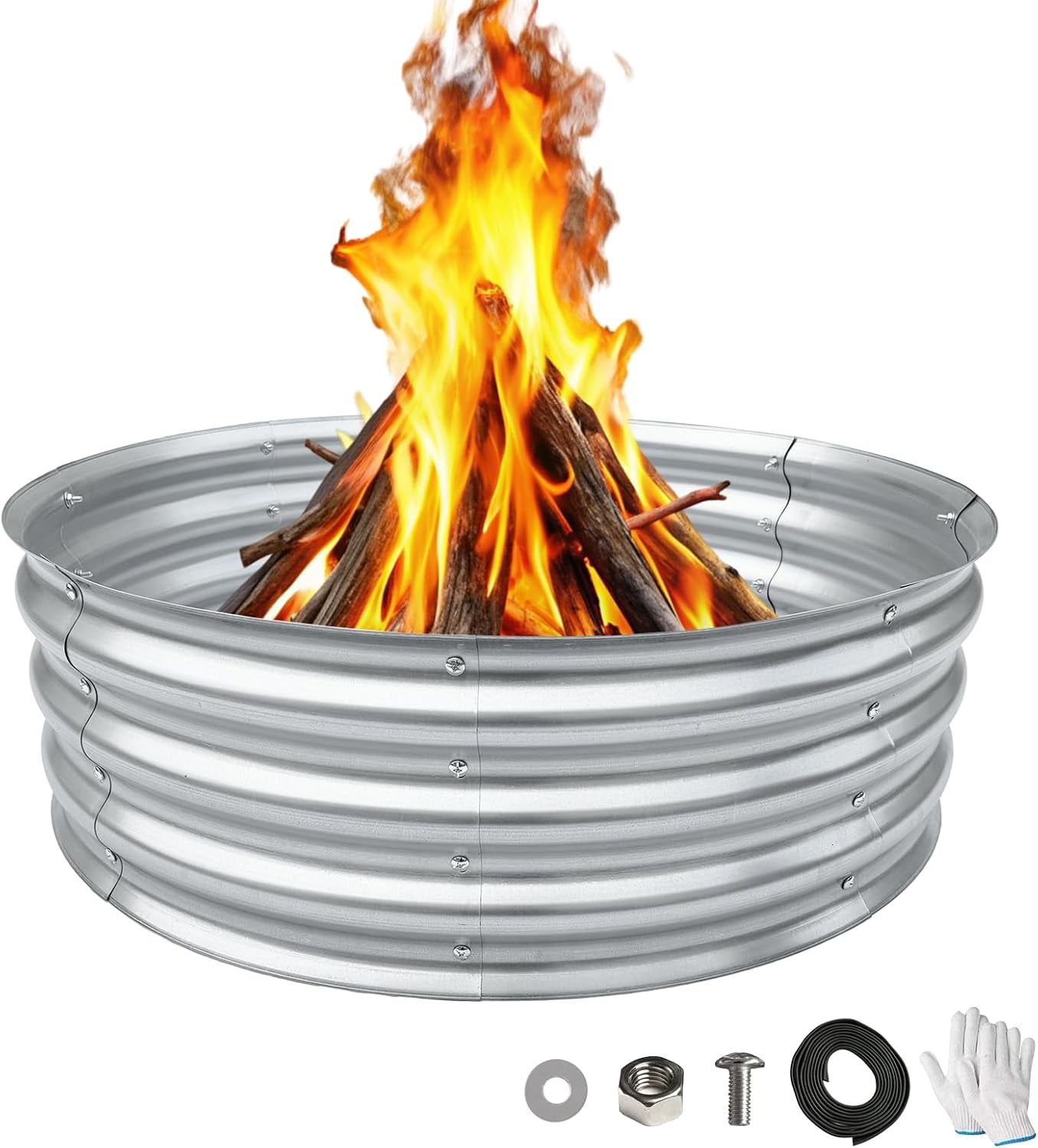 Galvanized Fire Pit Ring Outdoor round Heavy Duty Steel 60 Inch Large Fire Ring for Backyard, Camping, Gardening, Bonfire, Beach, 5FT Sliver