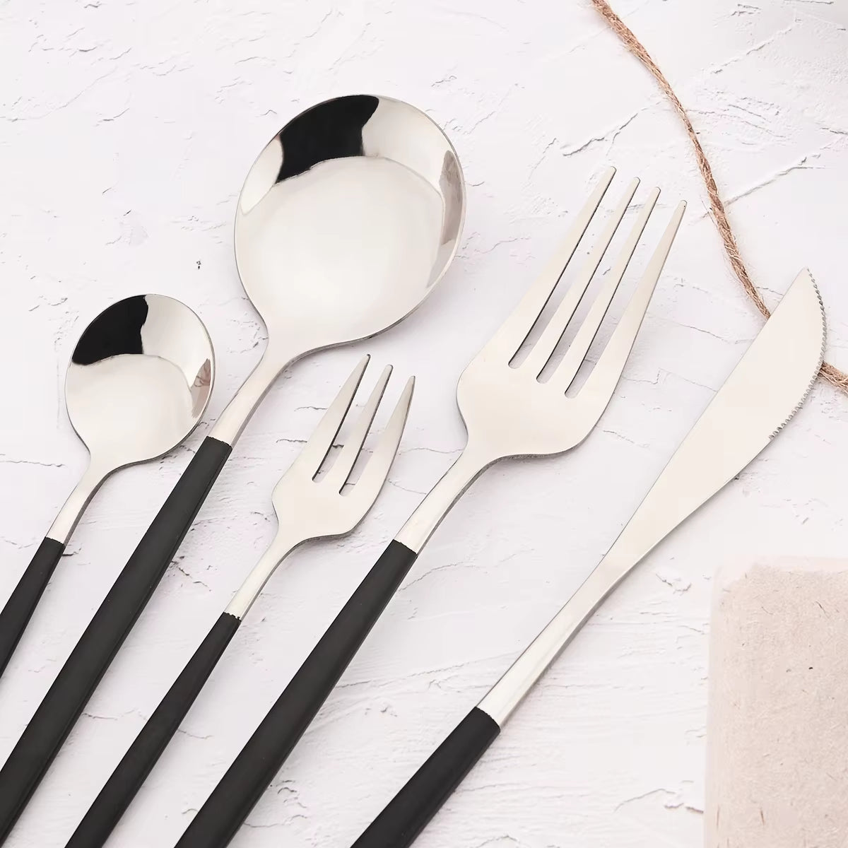 30Pcs Black Silver Cutlery Set Knife Fruit Forks Cake Fork Tea Spoon Dinnerware Stainless Steel Tableware Set Party Kitchen Tool