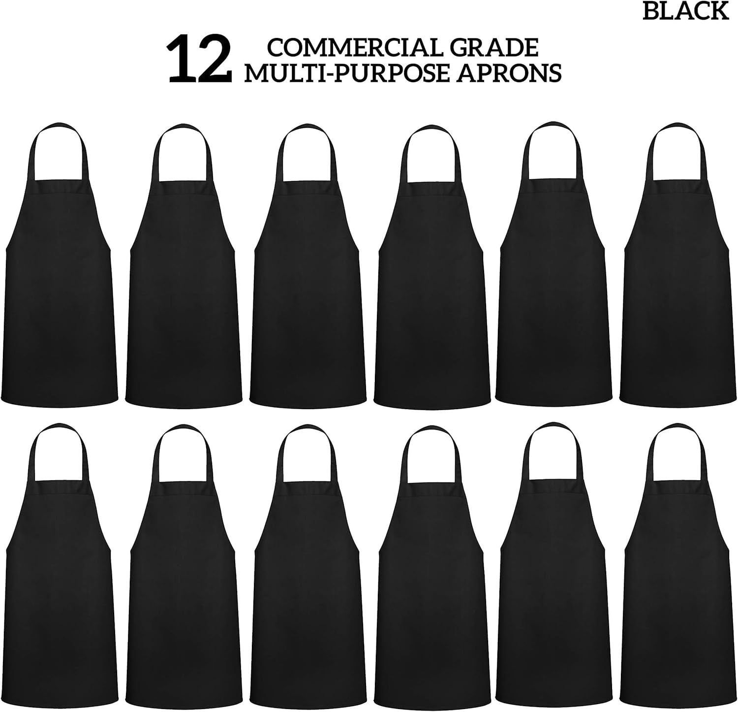 12 Pack Bib Apron - Unisex Black Aprons, Machine Washable Aprons for Men and Women, Kitchen Cooking BBQ Aprons Bulk (Pack of 12, No Pockets, Black)