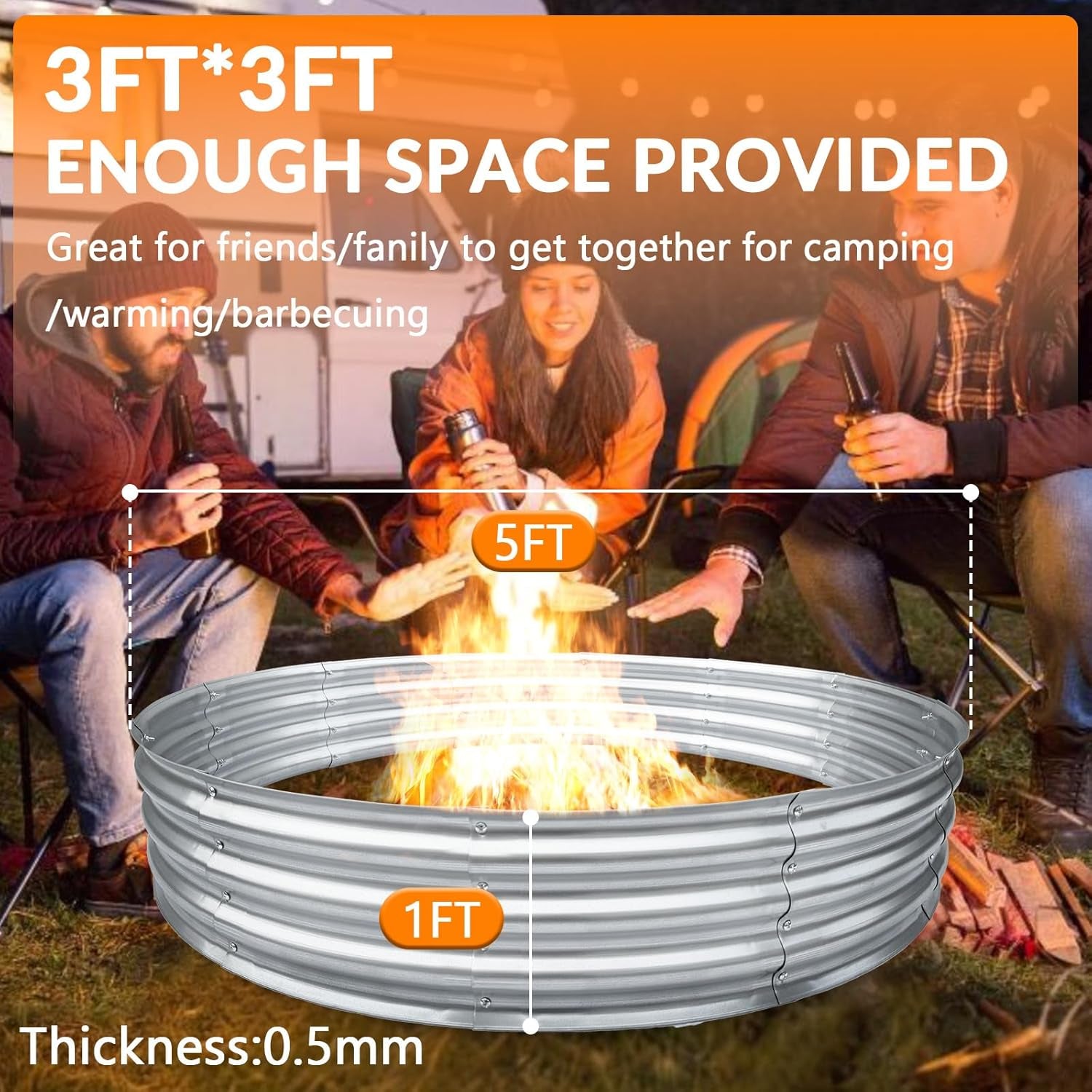 Galvanized Fire Pit Ring Outdoor round Heavy Duty Steel 60 Inch Large Fire Ring for Backyard, Camping, Gardening, Bonfire, Beach, 5FT Sliver